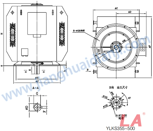 YLKS系列高压立式三相异步电动机外形及安装尺寸图(YLKS355-630 IP23 6KV) - 六安江淮电机有限公司